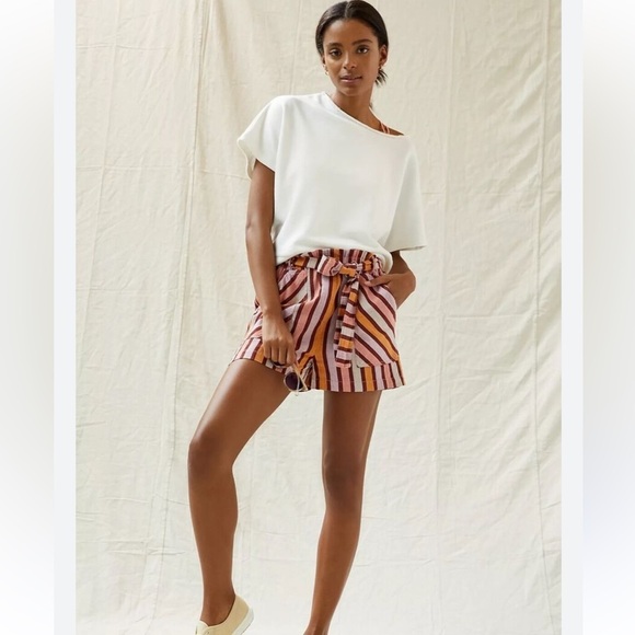 by Anthropologie Multicolor Striped High Waisted Paperbag 100% cotton Shorts S - Picture 1 of 7